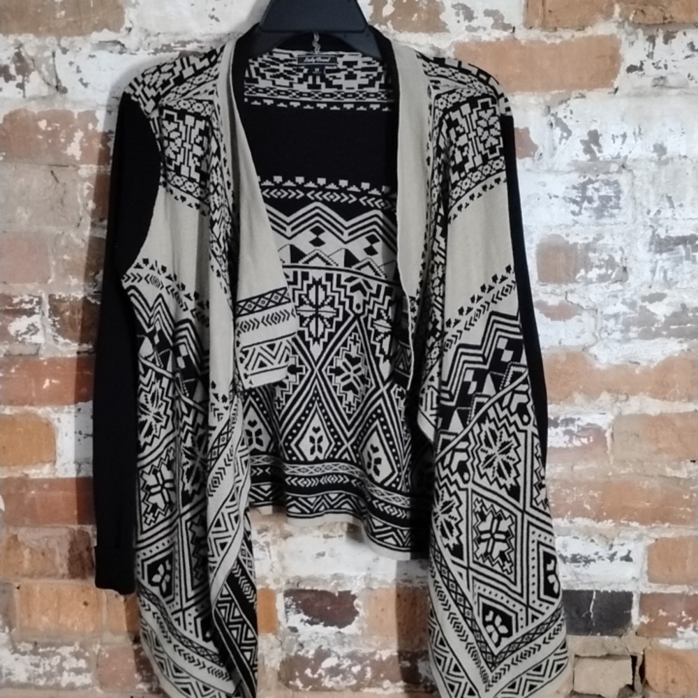 Lucky Brand Black And Beige Print Cardigan